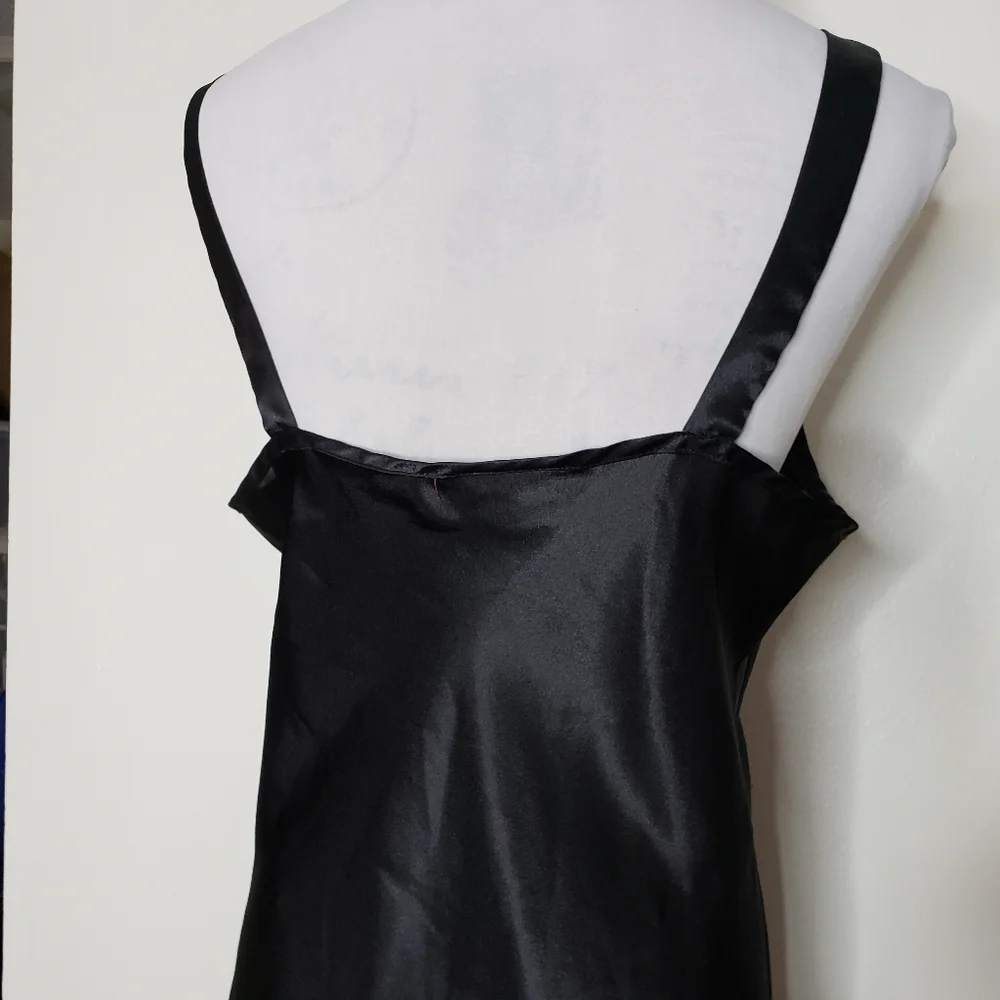 Vintage Black Satiny Night Slip Lingerie Chemise 80s Luxury Sexy Comfy Intimate